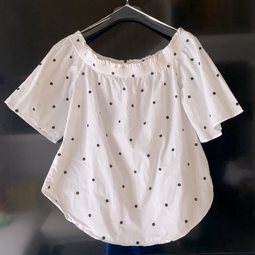 WHITE BLACK POLKA DOT OFF SHOULDER SHORT FLARE SLEEVES COTTAGECORE TOP